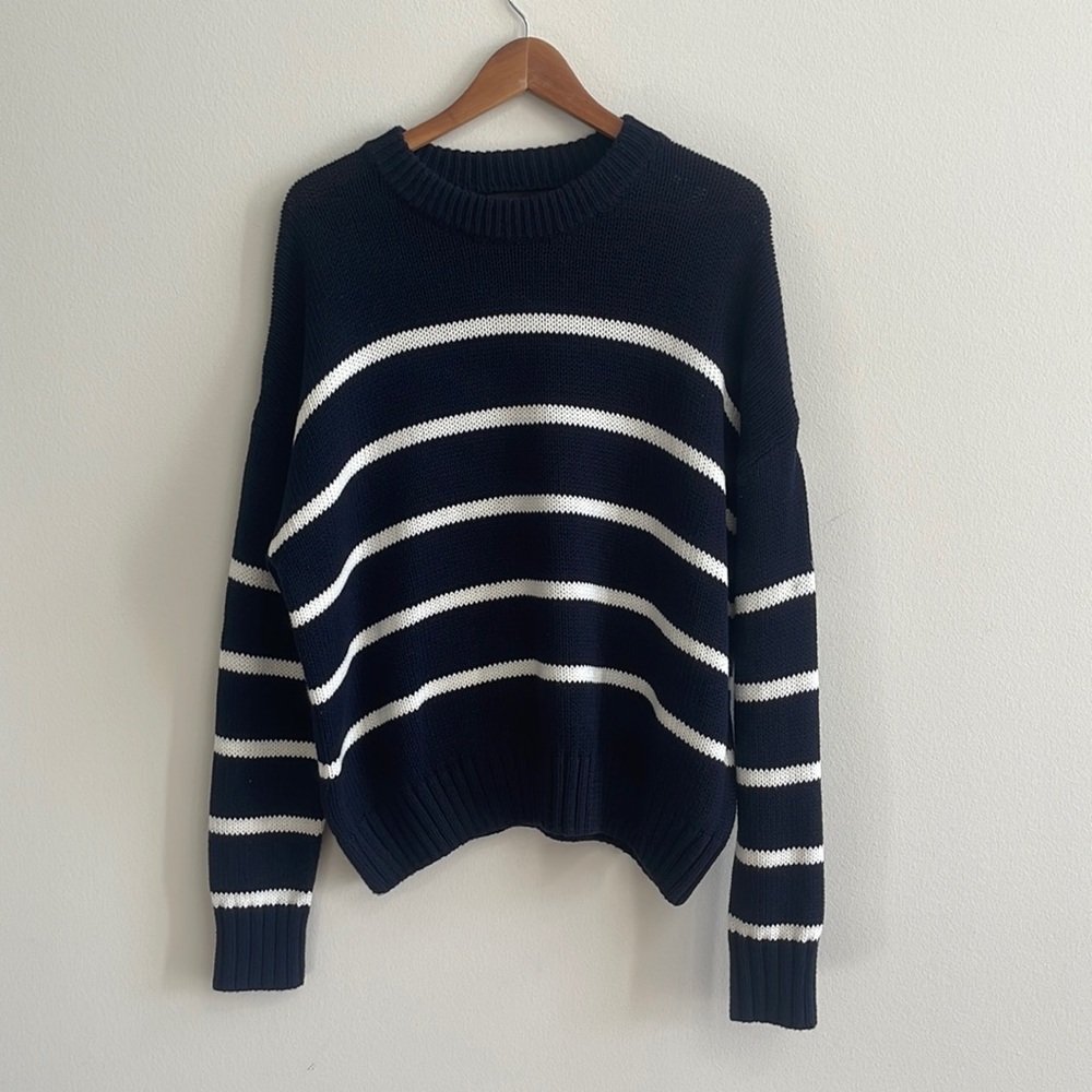 Fifteen Twenty Navy Blue White Striped Shaker Knit Crewneck Sweater Womens Large